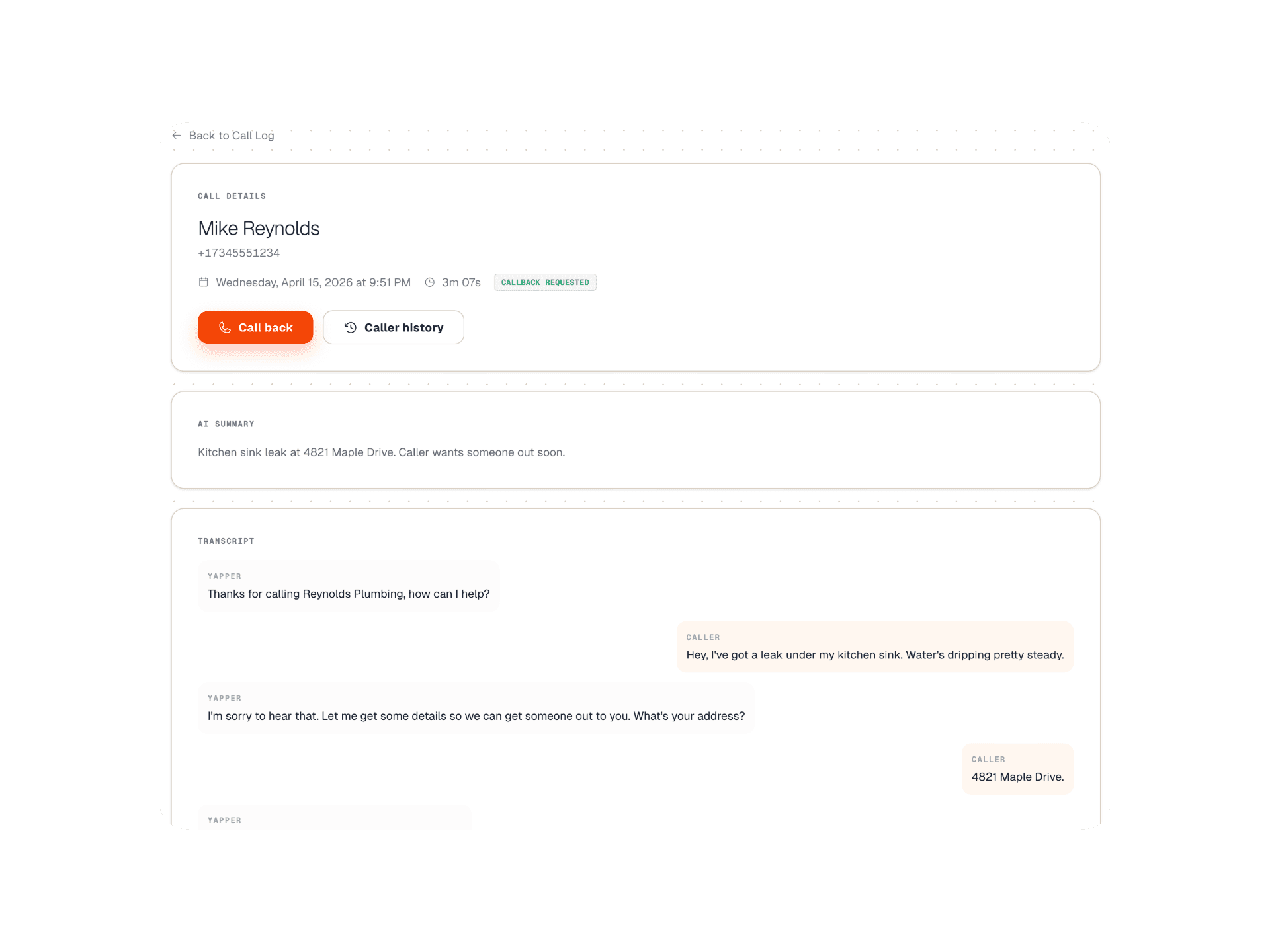Yapper call detail view with AI summary and full chat-bubble transcript