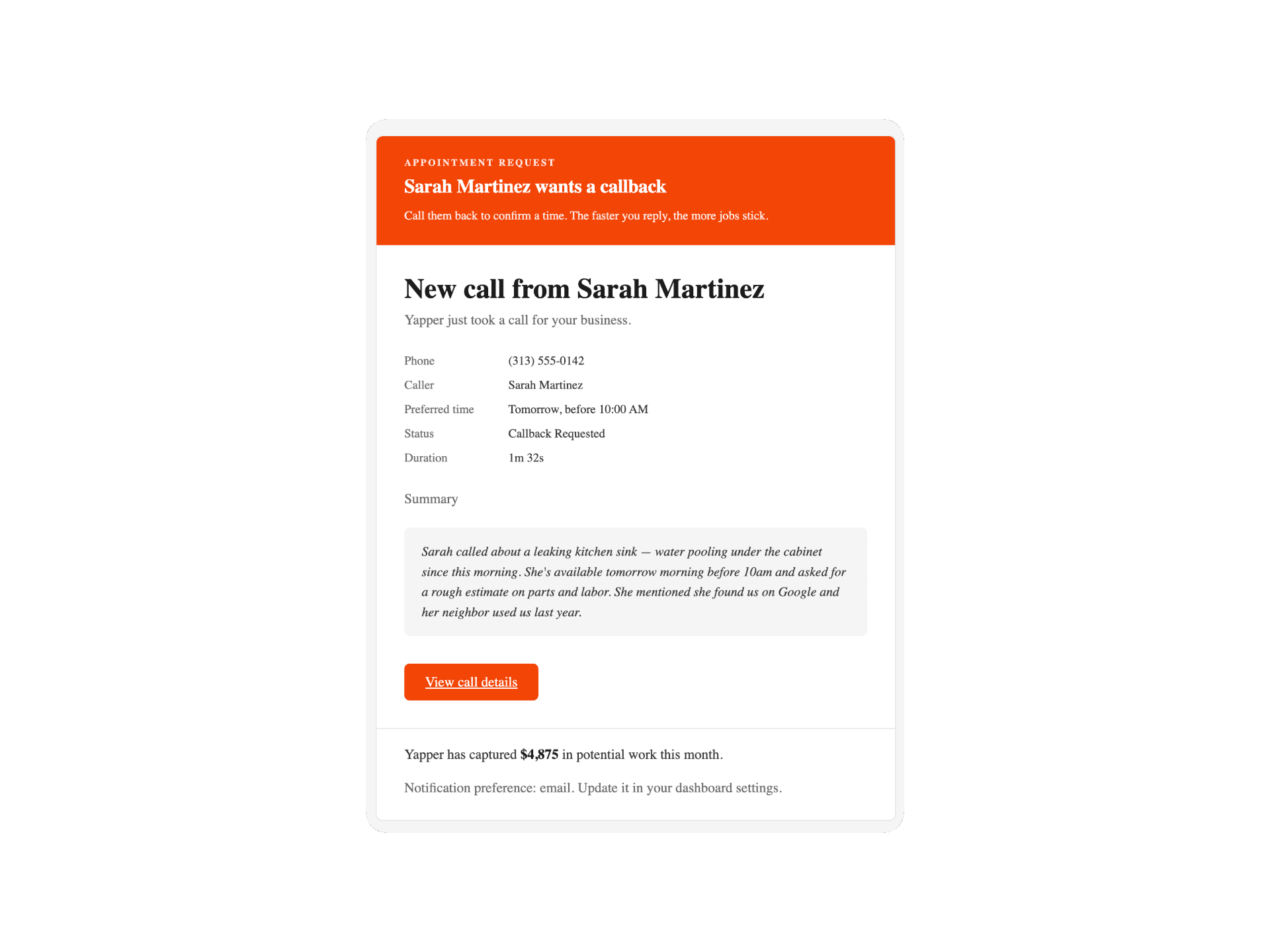 Email notification from Yapper showing a captured lead with caller info, summary, and callback link